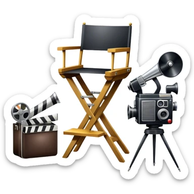 Professional icon for Directing: a collage featuring a director's chair, a film camera, a megaphone and an Oscar trophy. The icon should represent the craft and creativity of film directing, with emphasis on leadership and cinematic artistry. Transparent background. sticker
