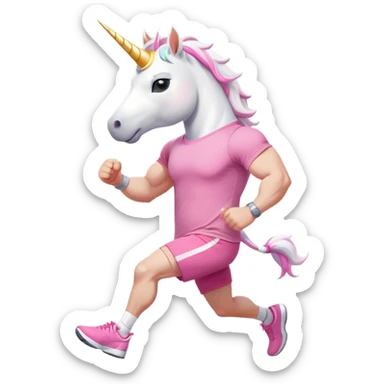 friendly anthropomorphised male white unicorn with a fit, chunky, muscular and strong physique, arms and legs matching the white of the head, in grey shorts and pink t-shirt, wearing dark sunglasses, jogging upright in a relaxed pose sticker