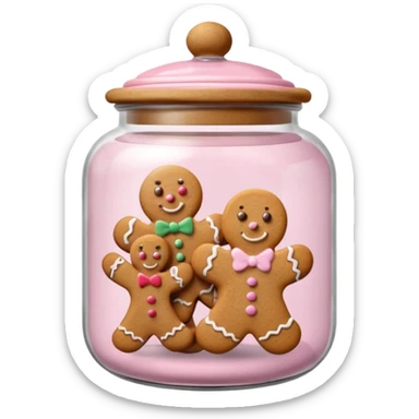 Realistic glass cookie jar with light pink lid full of gingerbread cookies isolated sticker
