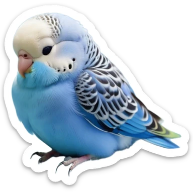 Meme-Worthy Cute Sleeping Blue Budgie Portrait Emoji, Head resting peacefully with a contented smile, showcasing a petite, delicate build and a luxuriously soft blue feathered fur, eyes shut in a serene nap, Simplified yet hilariously adorable features, highly detailed, glowing with a soft, drowsy light, high shine, relaxed and utterly lovable, stylized with an air of playful laziness, bright and heartwarming, soft glowing outline, capturing the essence of a comically sleepy budgie, so meme-worthy it feels like it could instantly become the next viral sensation of adorable slumber! sticker