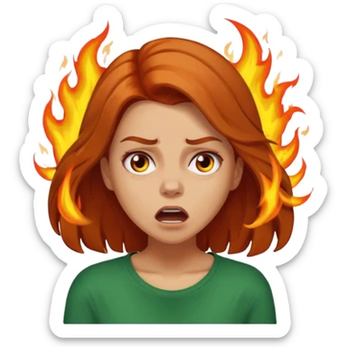 Woman with hair on fire looking stressed and panicked with brown shoulder length hair—longer hair please and light skin—an Irish gal sticker