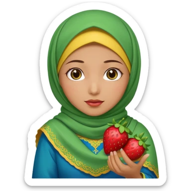 Turkish beautiful finish Konya girl blue eyes with red yellow green hijab islamic dress and had on her hand strawberry  sticker