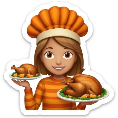 happy tan girl with an orange striped sweater and a cooked browned turkey on her head  sticker