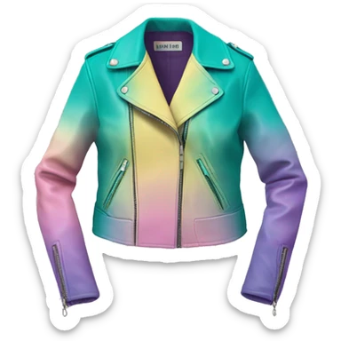 Realistic isolated side view of an open teal,pastel pink,pastel purple,and yellow ombre feminine fashion leather jacket.  sticker