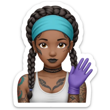 big lose braids starting from the top of the head woman face wiith big visible braids and mono color headband on head  face and braids as big as headband and lots and lots of face tattoos colored tattoos like a tattoo artist sticker