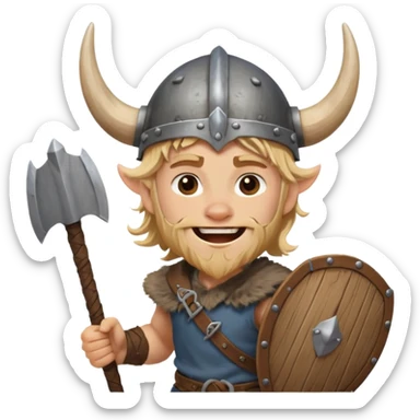 A young Viking warrior with messy hair, wooden shield, and fierce excited grin with horned helmet sticker