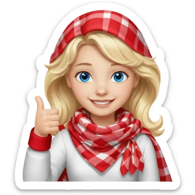 Blonde Girl Model, Blue Eyes, wavy hair, smiling, thumbs up, wearing red Checkered Triangle scarf, white dress sticker