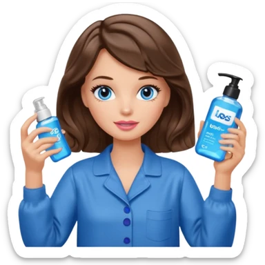 Barbie girl with makeup, blue eyes , and bob long haircut wavy, short brown hair in brown pajamas, face gel in hand sticker
