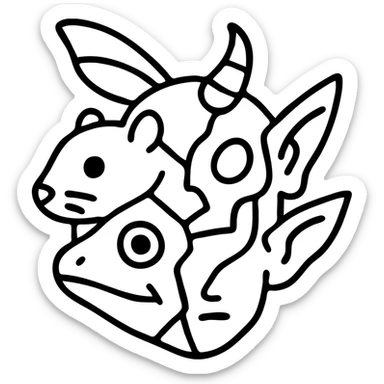 a red fragmented collage with clear dividing lines between pieces: stoat face section, minotaur skull section with broken horn, frog eye/mouth section, elf ear/features section, cat whisker section, and moth wings extending from the back of the head, arranged in an irregular shape with deliberate line splits, worn and scratched appearance sticker