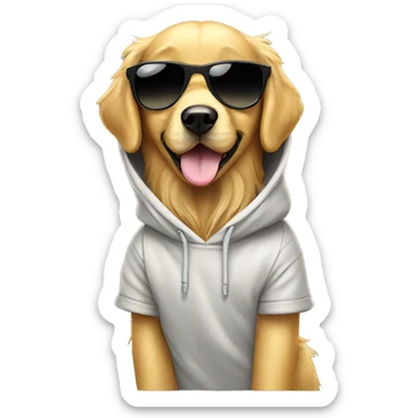golden retriever wearing sunglasses and a hoodie sticker