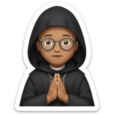 Monk priest prayer black habit with hood round black glasses done light brown wavy hair under hood remove the medallion smaller more round glassed age 46 remove necklace thinner or more oval face  sticker