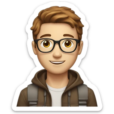 Boy with freckles on his face, cap, white skin tone, brown hair tone, short, straight hair, with cool glasses and urban look, brown eyes, nice smile sticker