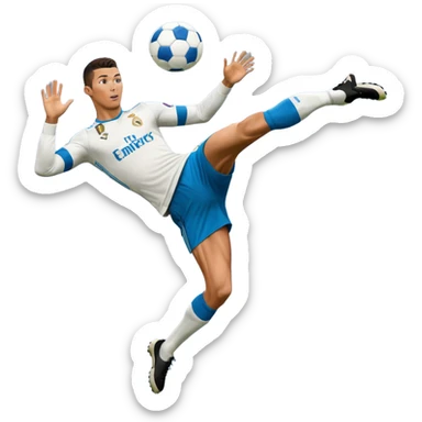 Ronaldo doing a bicycle kick with football in mid air While wearing a Retro blue Real madrid kit and yes i want it to be exactly the same as he Scored it in 2018 vs Juventus  sticker
