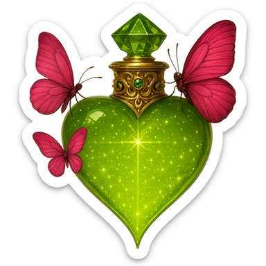 Adjust the bottle shape so the bottom ends in a sharp heart point, exactly like in the reference image, not flat or like a standing object. Keep the same composition and number of pink butterflies, #c0ff53 glitter liquid, magical dust, crystal neck, and all the luxurious golden details and gemstones. Maintain a transparent background as PNG. sticker
