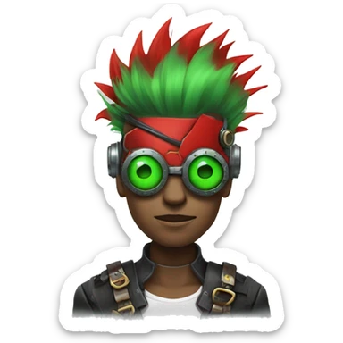 Male cyborg with red Mohawk and green steampunk goggles sticker