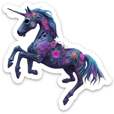 Zombie Pegasus unicorn skeleton person psychedelic flowers floral groovy art neon rave raving sticker