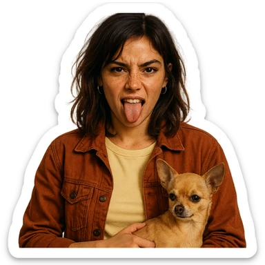 rebellious and playful woman with tanned skin and freckles, wearing a pale yellow shirt (#FFF8CA) and rust-colored jacket, medium-length brown hair with auburn highlights, holding a beige-brown chihuahua, Netflix series style, transparent background sticker