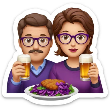 German man with glasses and brown hair and woman with glasses and brown hair eating schnitzel, red cabbage, potatoes, and drinking a beer sticker