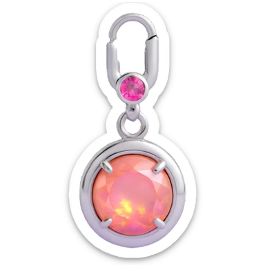 close-up view round cut pink fire opal charm with fiery pink-orange flashes, silver bezel setting, silver jump ring sticker