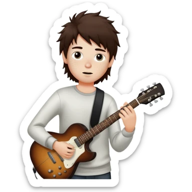 A boy with messy dark brown hair, white skin with freckles, black eyes, a straight nose, and a guitarist sticker