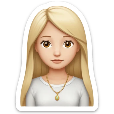 "Cartoon emoji of a girl with long, straight blonde hair, fair skin, soft brown eyes. Wearing a white top with a delicate necklace, serene expression, calm and peaceful. Smooth, simple, stylized." sticker