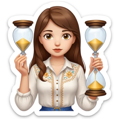 A Ukrainian girl with brown hair wearing a white embroidered shirt holds an hourglass in her hands sticker