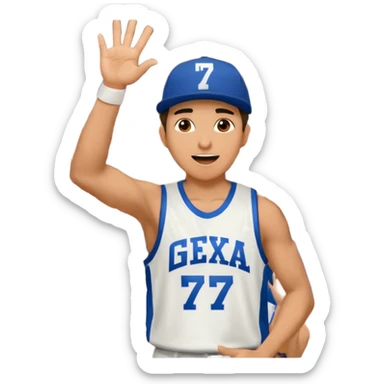 Maverick Trevillian in the crowd at an amateur basketball game. He leans towards the camera and enthusiastically shouts "six seven while performing a distinctive hand gesture: both hands open, palms facing upward, moving up and down as if weighing two options. sticker