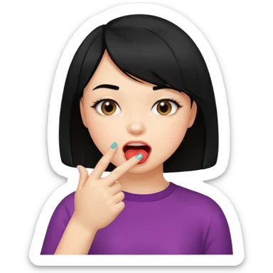 Chicas con pelo negro y corte bob haciendo que se muerde uno de sus dedos de manera picara, puedes hacer que se muerda el dedo sin sacar la lengua. Solo una mano sticker