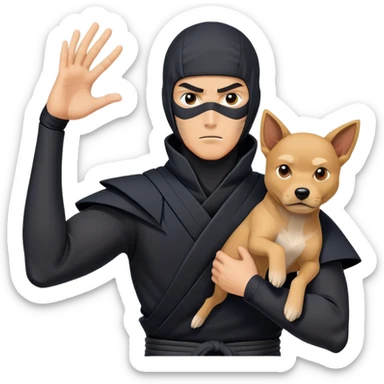 clash-of-clans-aesthetic_-cinematic-mysterious-male-ninja-portrait-emoji, rendered in a flat, vector-style with minimal shading and bold, simplified shapes, his arm is stretched out  with a head slightly turned revealing intense, focused eyes. the ninja is accompanied by a Ninken dog sticker