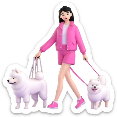 black-haired girl in pink Chanel style outfit with white Samoyed dog sticker