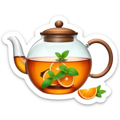 A cinematic realistic emoji depicting a transparent teapot with a realistic wooden lid filled with tea and pieces of orange and two mint leaves floating in it, rich in texture, without unnecessary decoration sticker