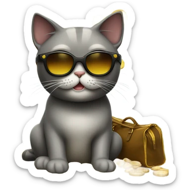 cat in brutal dark glasses with a bag of gold coins sticker