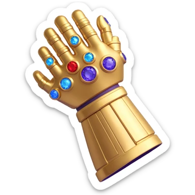 Thanos gauntlet in 3D emoji style, shiny metal, glowing gems effect, transparent background sticker