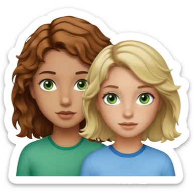 À girl with wavy brown hair, light tan skin and green eyes and freckles next to a girl with short blonde wavy hair, tan skin and light blue eyes sticker