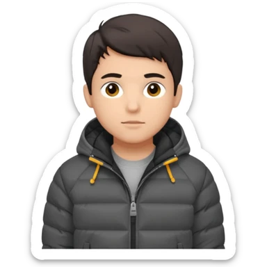 Style anchor + Young adult male American, medium skin, short dark hair, black puffer jacket over hoodie, neutral focused. sticker