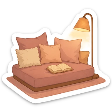 pink cozy reading nook with pillows and a lamp, warm and inviting sticker