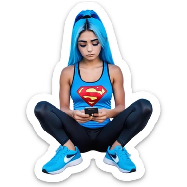 Shameful disappointed crying-very very very very big chest-texting on a samsung cell phone-very long straight flowing black to sky blue hair ombre-blue eyes-black eyeliner-long eyelashes-plastic sparkling sky blue very low cut tank top with sparkling superman logo-black leggings-nike sneakers sticker