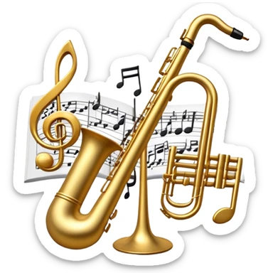 Create a sophisticated and elegant emoji that represents orchestration and arrangement. The design should feature a conductor’s baton, musical notes, and a symphonic score, symbolizing the process of arranging and orchestrating music. Incorporate instruments like a violin, trumpet, and piano keys subtly in the background, representing different sections of the orchestra. Use classical and refined colors such as gold, deep red, and black to evoke the grandeur and precision of orchestration. The background should be transparent. sticker