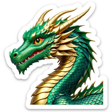 cinematic-noble-dragon-portrait-emoji,-poised-and-majestic,-with-a-sinuous,-elongated-body-covered-in-intricately-detailed,-shimmering-scales-in-hues-of-emerald-and-gold,-and-piercing,-fiery-eyes-that-reflect-ancient-wisdom; sticker