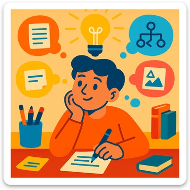 person brainstorming in a warm, inviting workspace, surrounded by idea bubbles with notes and sketches, bright light bulb above, creative tools like pens and books in the background, bright style, 4:5 aspect ratio sticker