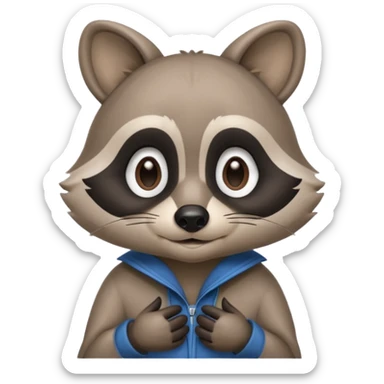 raccoon mascot thinking softly, hand on chin, curious expression, rounded shapes, minimal detail, smooth cartoon shading, ASD-friendly sticker