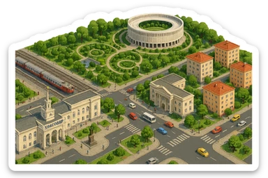 Изометричная миниатюрная фотореалистичная 3D модель панорамы Краснодара - вокзал Краснодар, КубГМУ, парк Краснодар со стадионом, краснодарские дома, автотранспорт четкие линии, яркие цвета, мультяшный реализм, люди, автотранспорт, компактная композиция, вид сверху в изометрии, прозрачный фон sticker