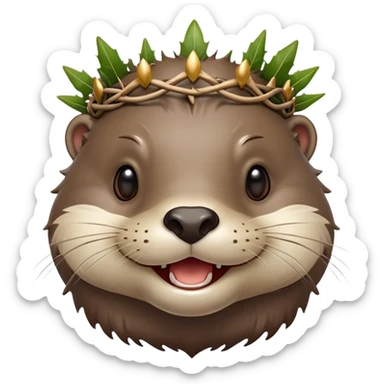 really cute smiling joyful otter face in three-quarter profile view with simple thorny stem wrapped horizontally around its forehead like Jesus Christ's Crown of thorns, Apple emoji style, glossy finish, polished look sticker