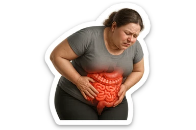 DONNA LEGGERMENTE SOVRAPPESO PIEGATA IN AVANTI FRONTALMENTE CON INTESTINO ANATOMICO IN EVIDENZA, MAL DI PANCIA iperrealistico 4k sticker