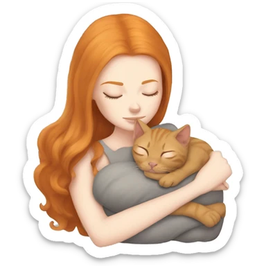 White girl ginger hair sleeping with gray sphinx kitty sticker