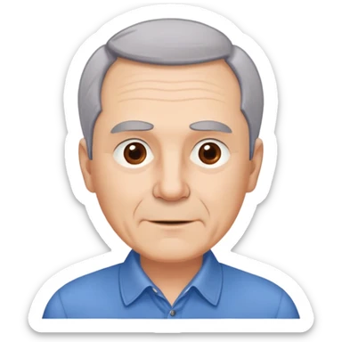 Older man with light complexion in his late 50s, round face, wide jaw, expressive brown eyes, thick eyebrows, short gray hair with visible hairline, friendly expression, wearing blue collared shirt sticker