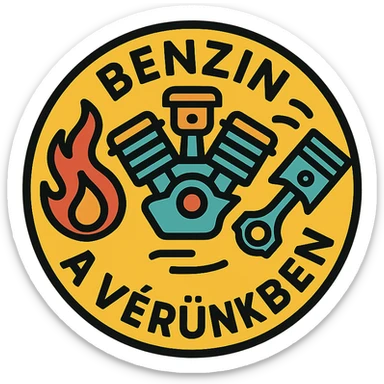 circular motorcycle cap design with the Hungarian phrase 'Benzin a vérünkben', featuring motorcycle motifs like motor, flame, piston, energetic style sticker