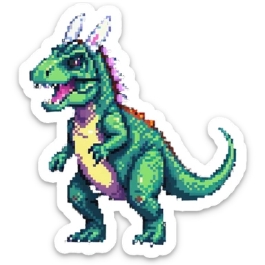 T-Rex with bunny ears and tail in pixel art style sticker