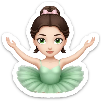 Realistic Ballerina Portrait, with porcelain-like skin featuring a natural rosy flush, illuminated by soft lighting that highlights the gentle contours of her face. Her Brunette hair flows in soft.Her deep green light eyes radiate framed by arched brows and long lashes. sticker