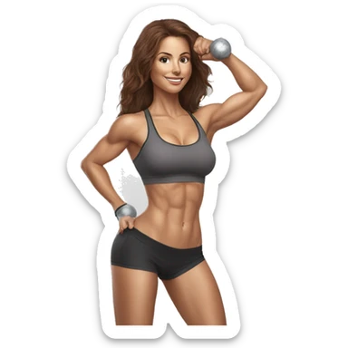 Hyperrealistic pencil drawing of athletic sexy girl with brown hair with kettlebell sticker